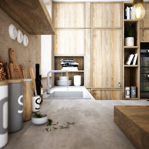 moderný drevený interiér kuchyne